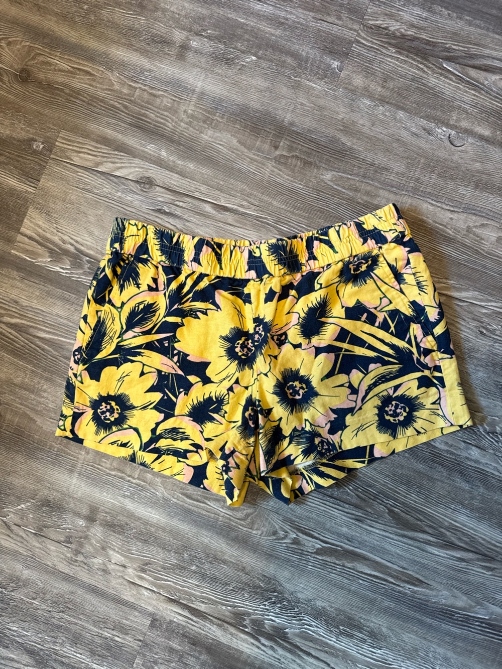 J. Crew Yellow Floral Linen Shorts with Navy Accents